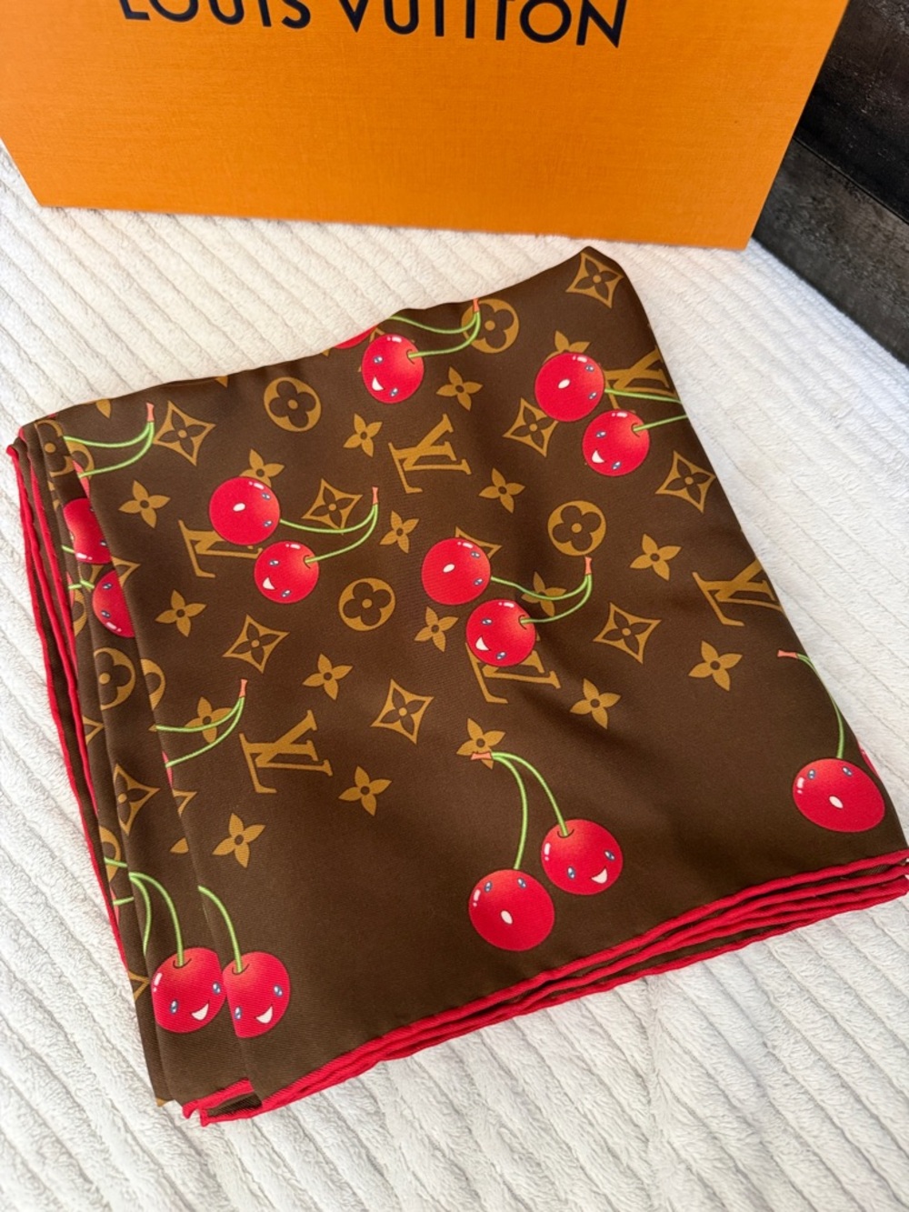 Louis Vuitton Brown Monogram Cherry Silk Scarf - Red Accents - Picture 5 of 8